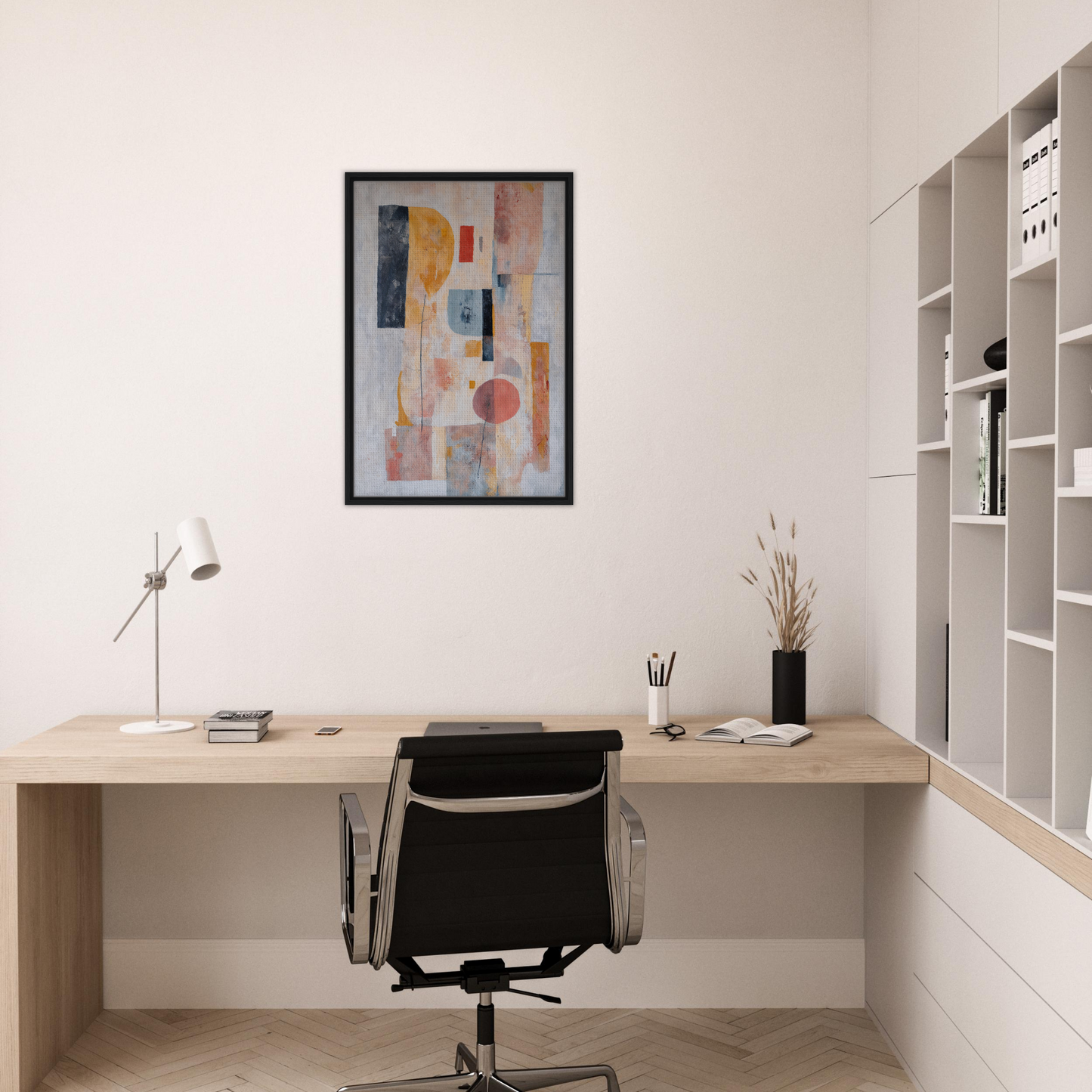 Minimalist home office with Pink Geometric Reverie framed canvas print and wooden desk