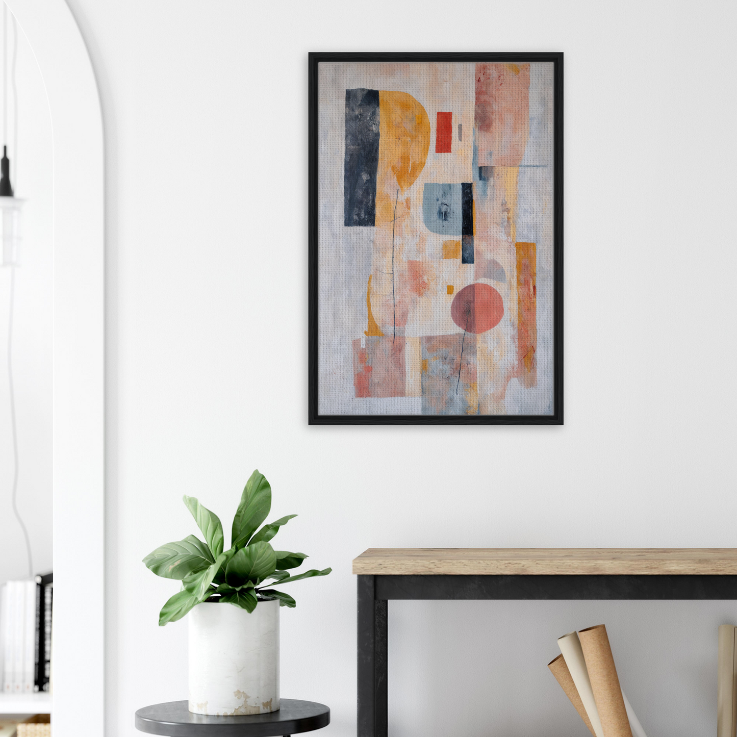 Abstract painting featuring geometric shapes in muted pastel colors for Pink Geometric Reverie