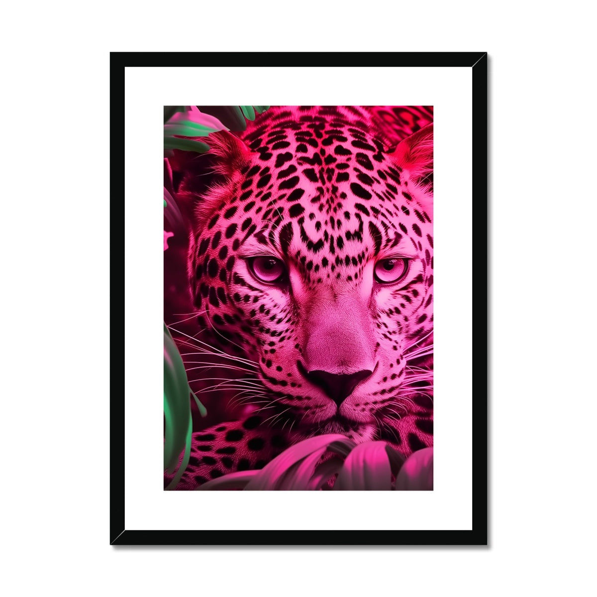 A pink leopard with a black frame