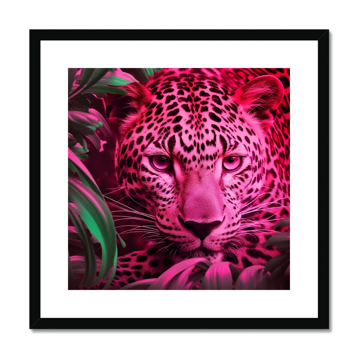A pink leopard with a black frame