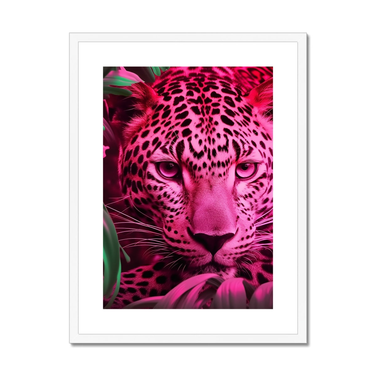 A pink leopard with a black and white face