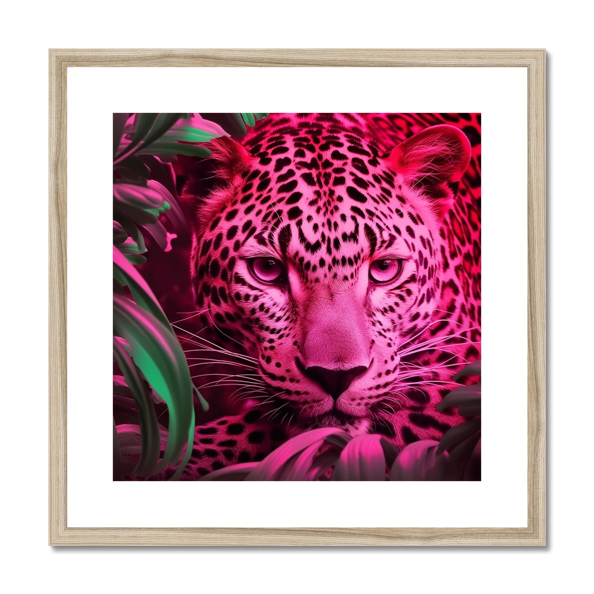 A pink leopard with green leaves in the background