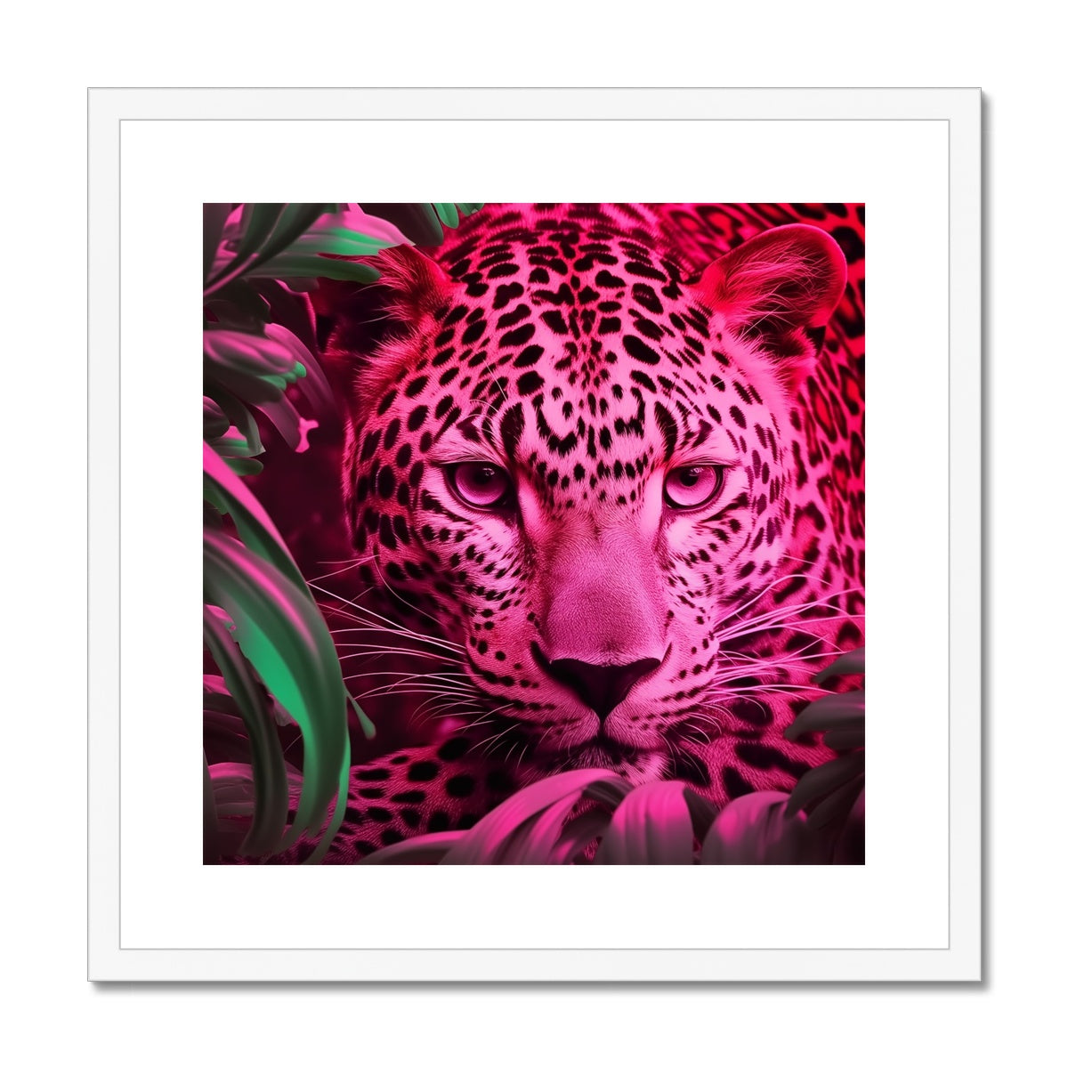A pink leopard with green leaves in the background