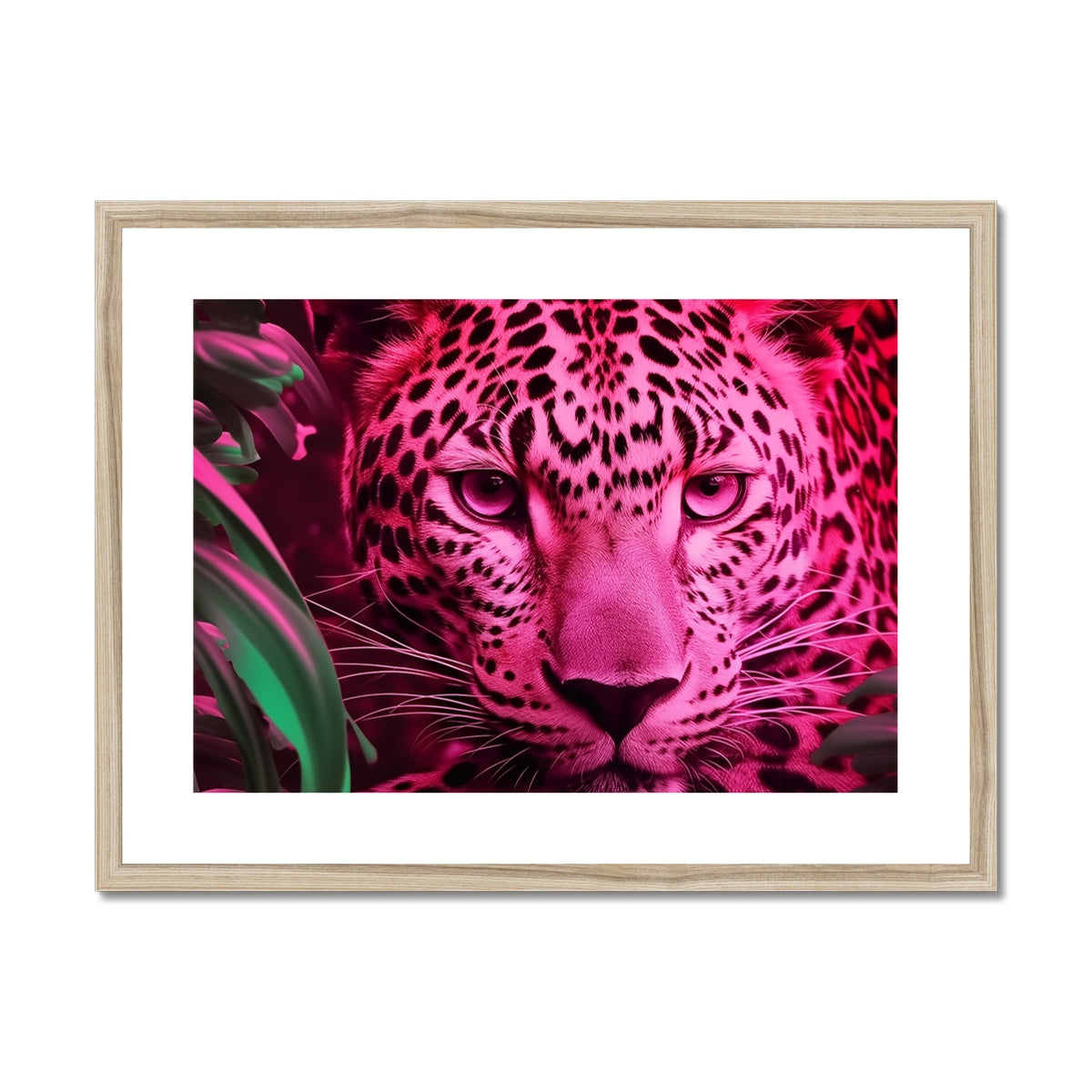 A pink leopard with green leaves in the background