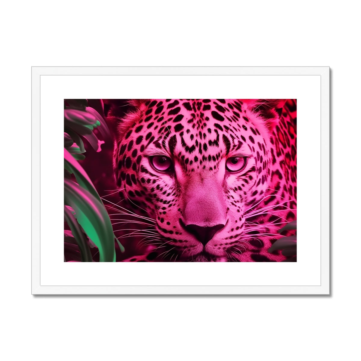 A pink leopard with green leaves in the background