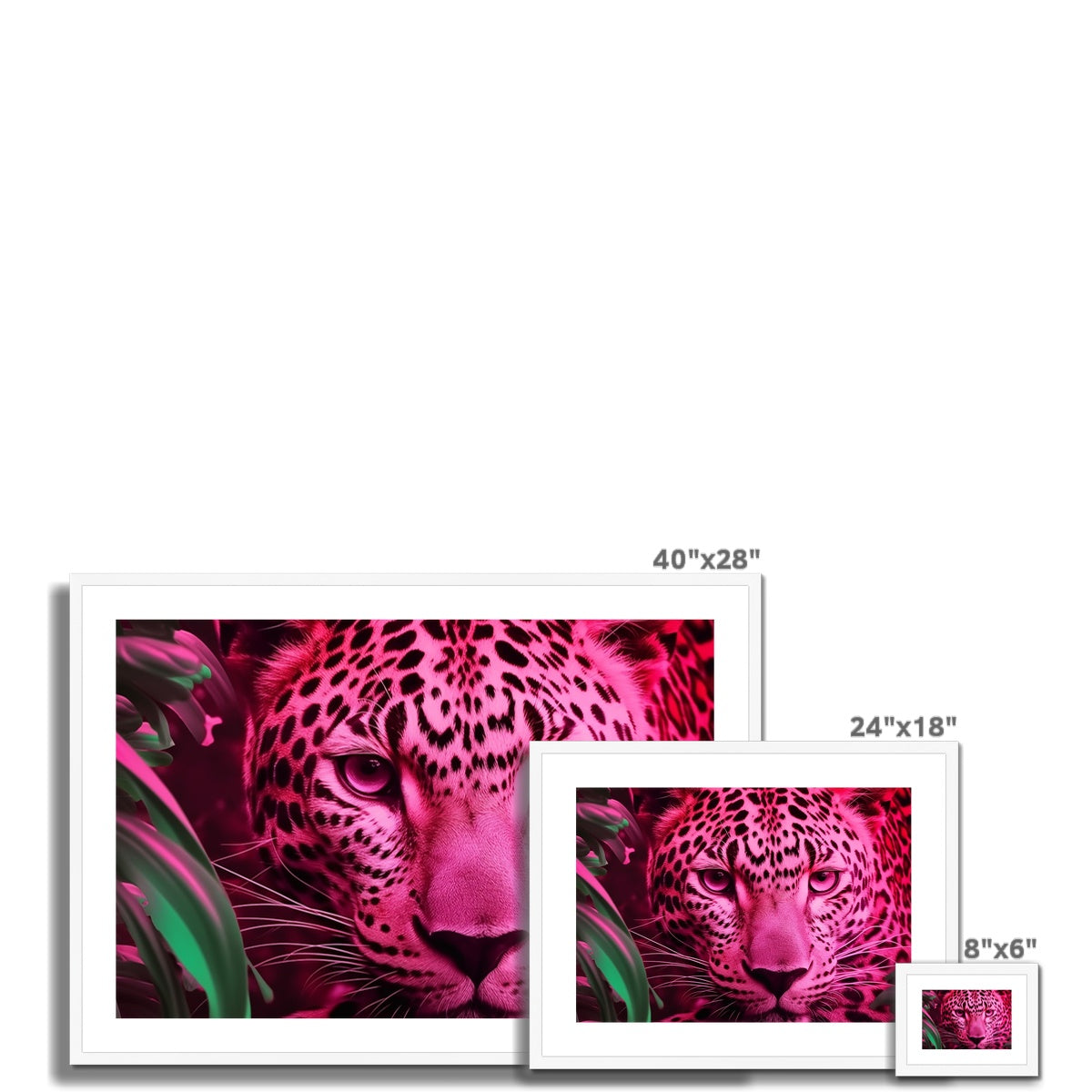 A pink leopard with green leaves on it’s face and a pink background