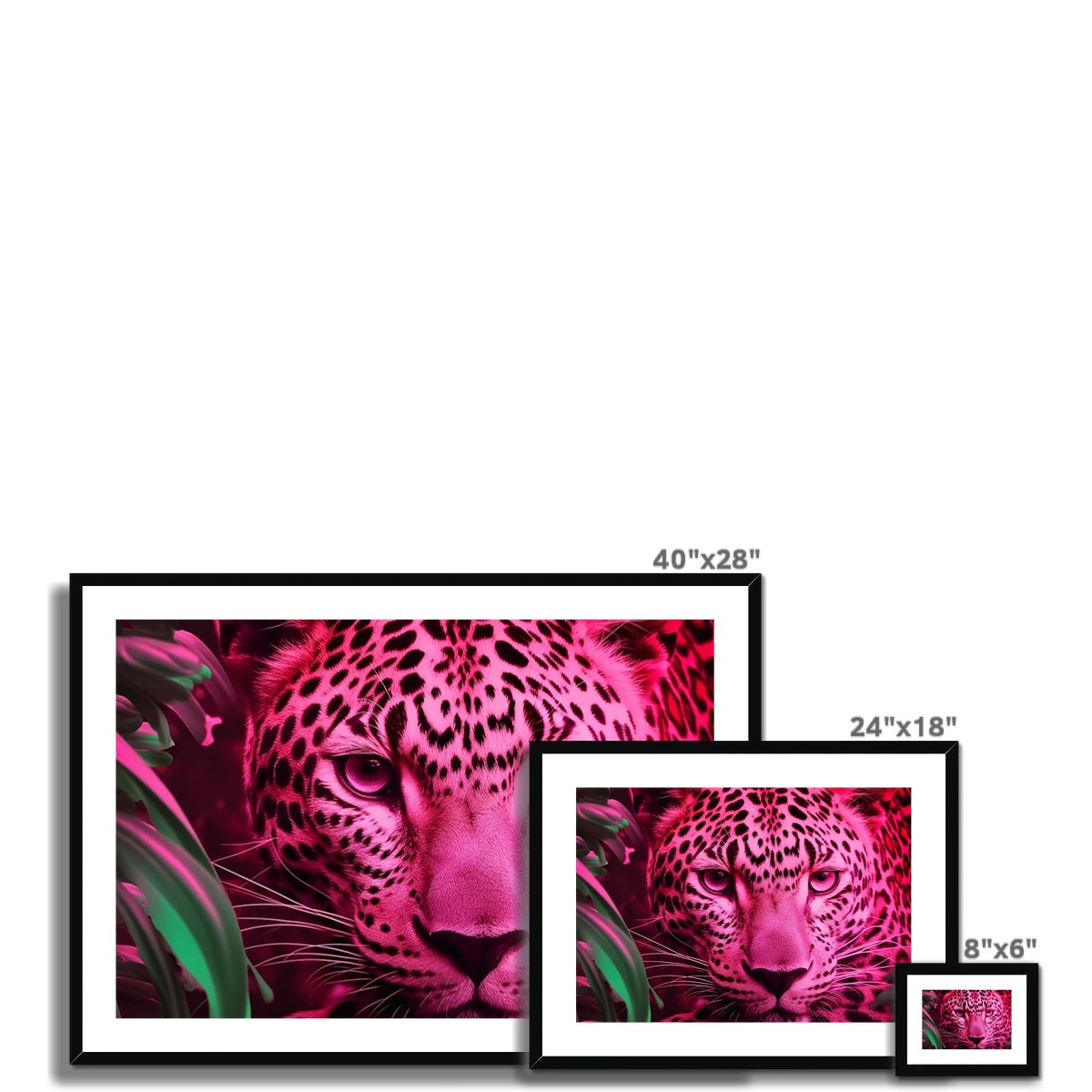 A pink leopard with green leaves on it’s face and a black frame