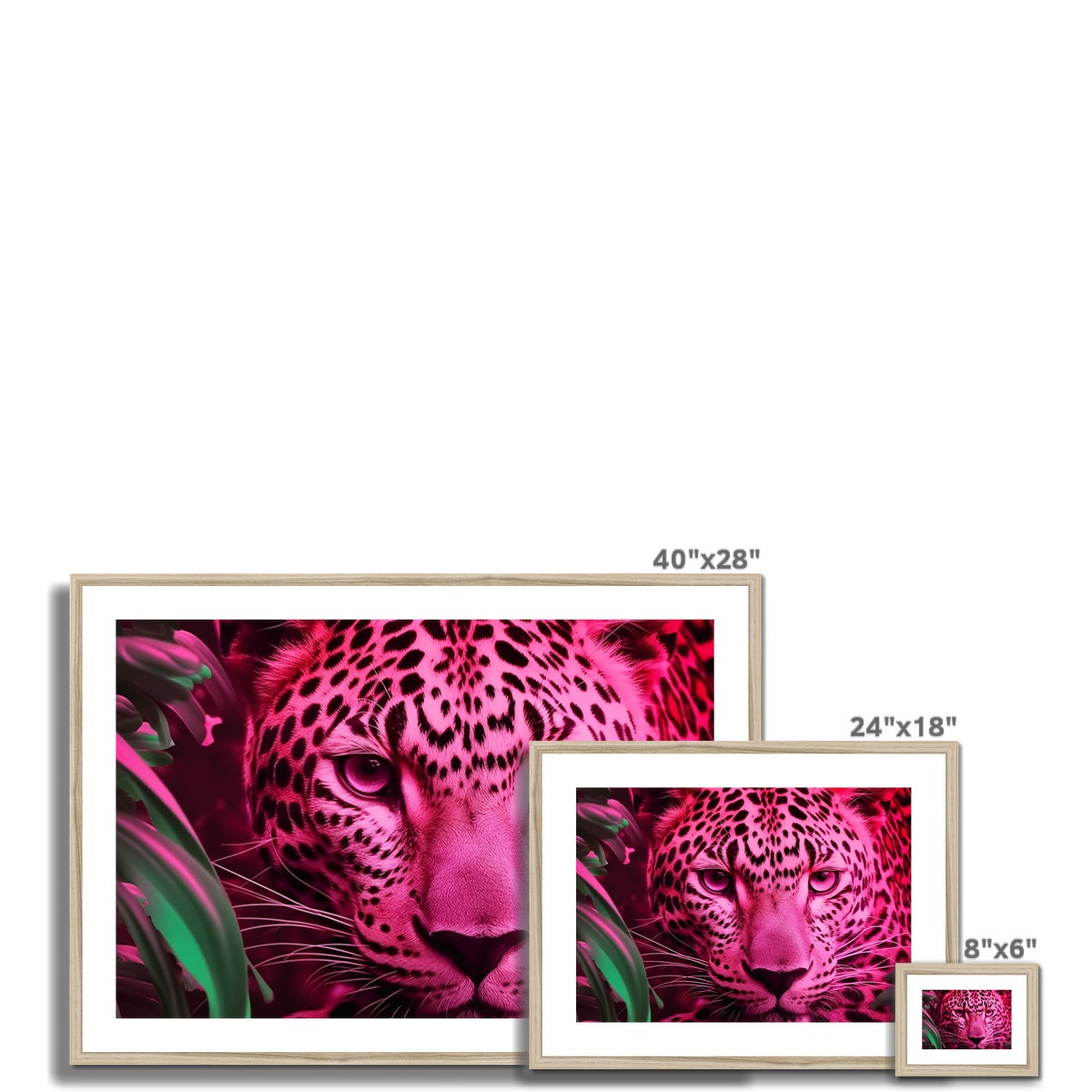 A pink leopard with green leaves on it’s face and a pink background