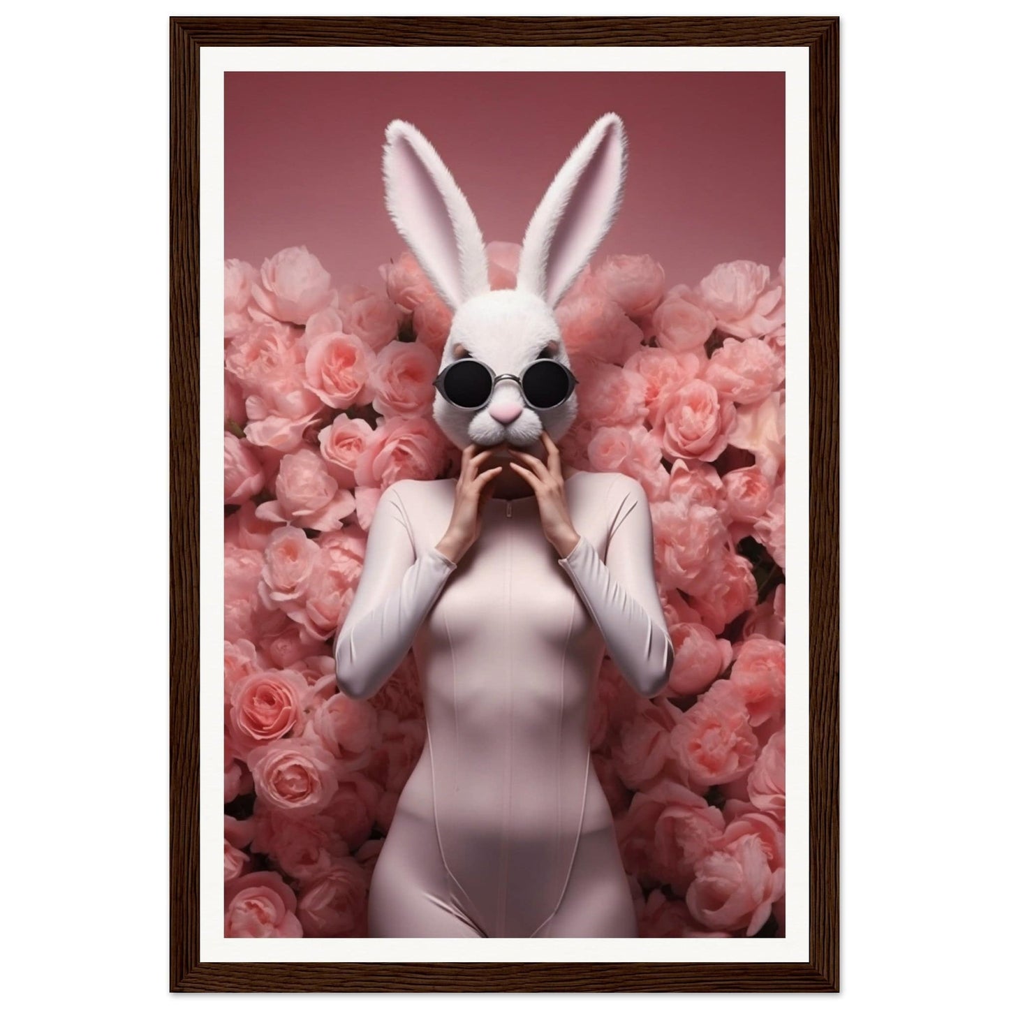 Figure wearing a white rabbit mask and bodysuit surrounded by pink roses.