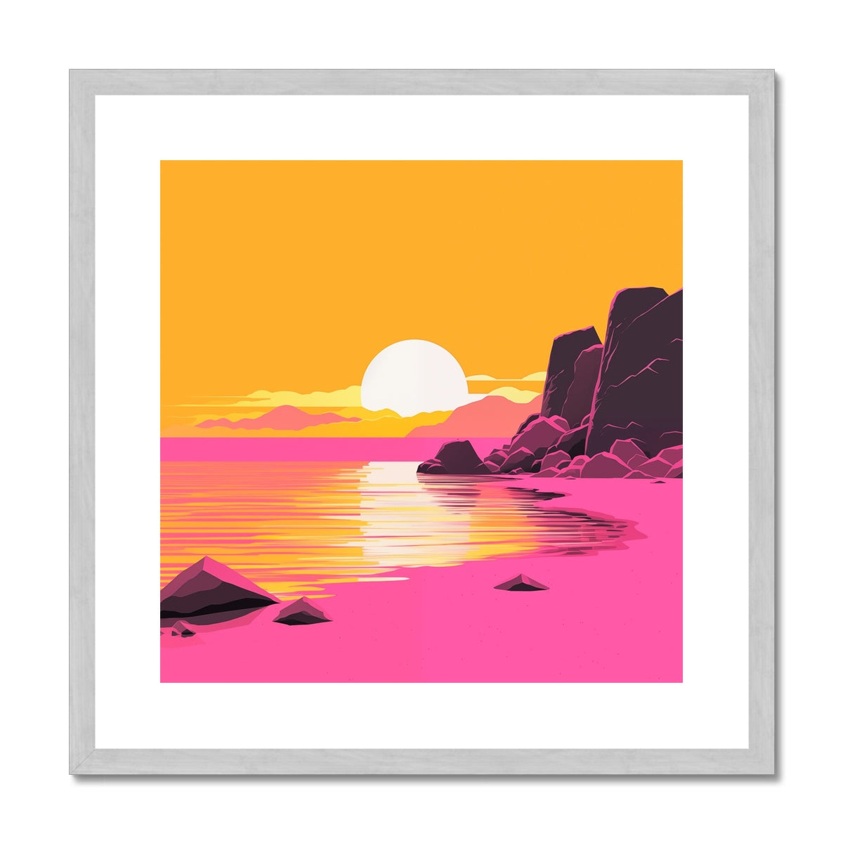 A pink sunset with rocks and a pink sky