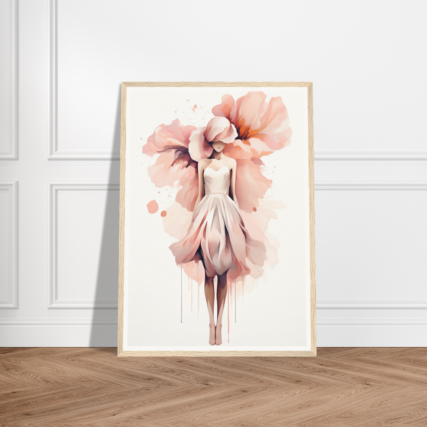 A pink watercolor painting of a woman with flowers