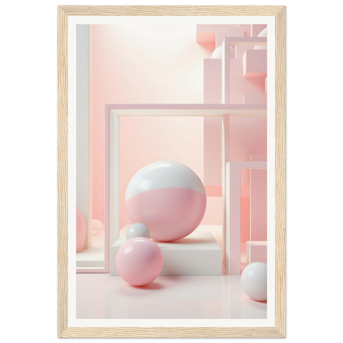 A pink and white abstract painting with a white frame