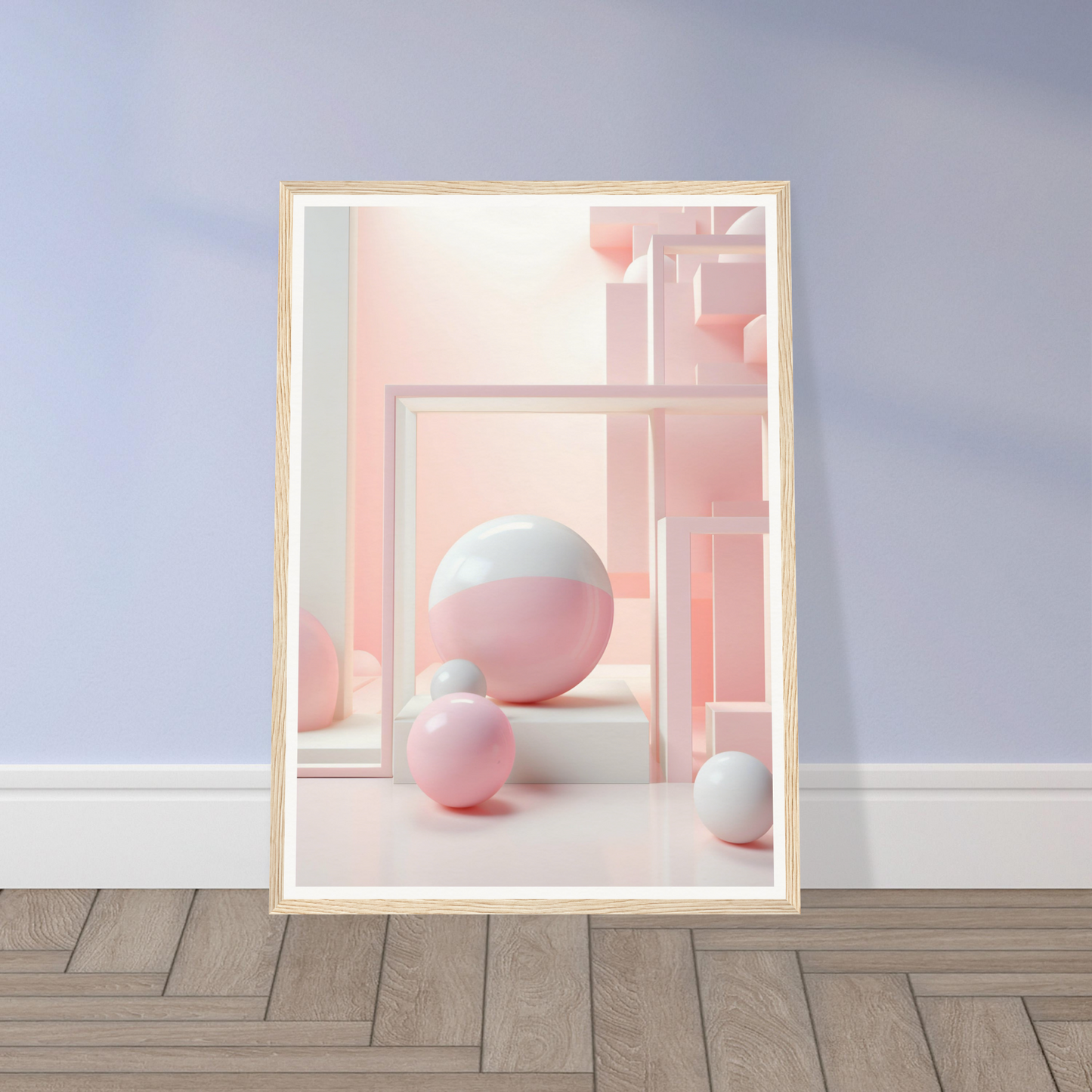 A pink and white abstract painting on a wall