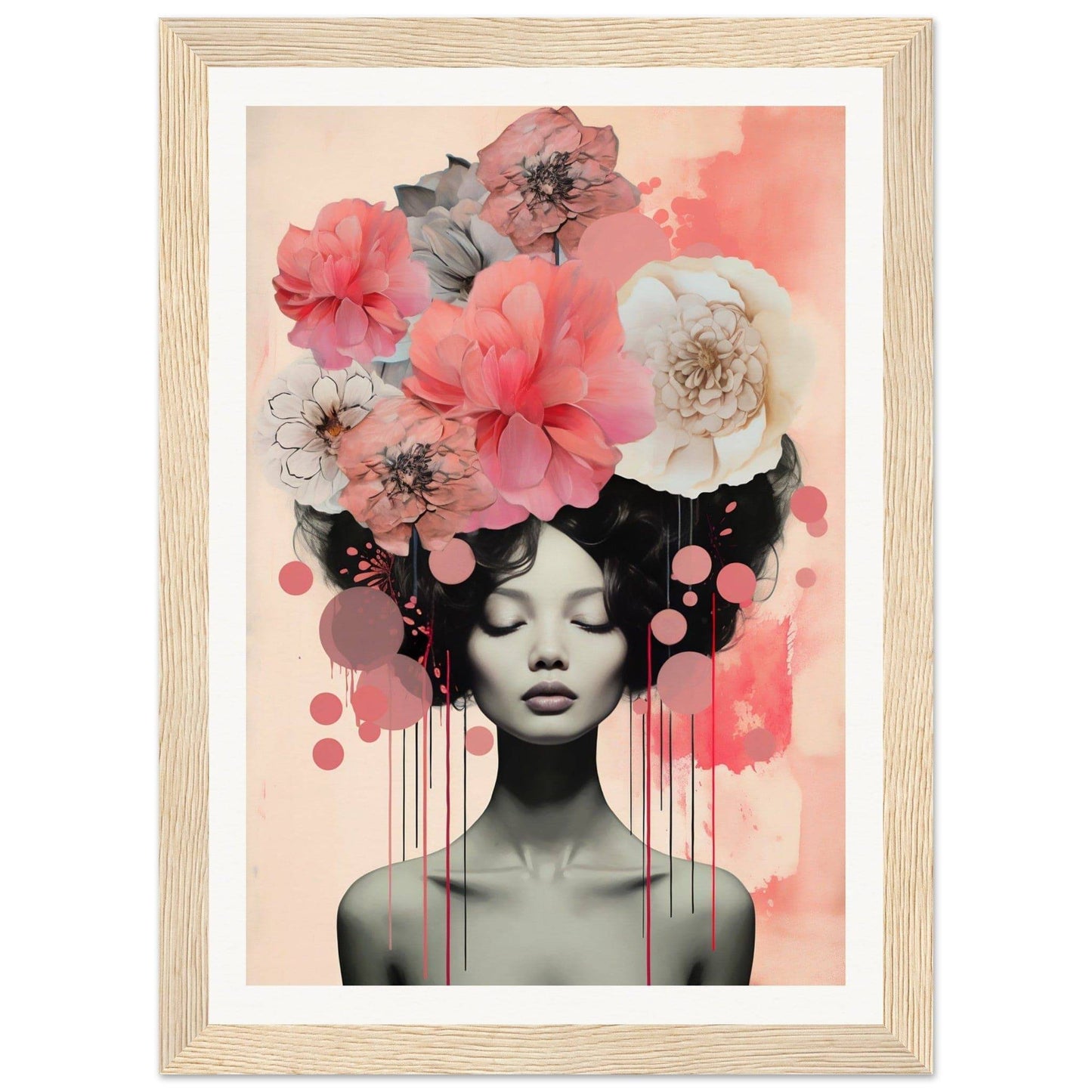 A pink and white painting with flowers on it