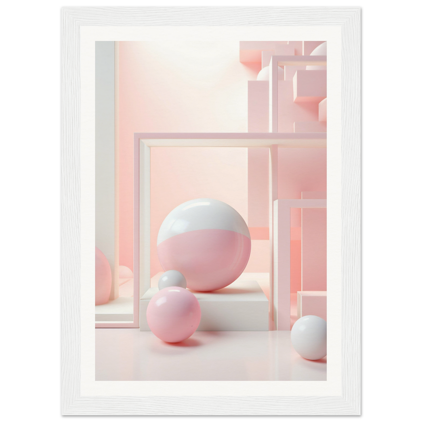 A pink and white photo of a white frame with a pink ball