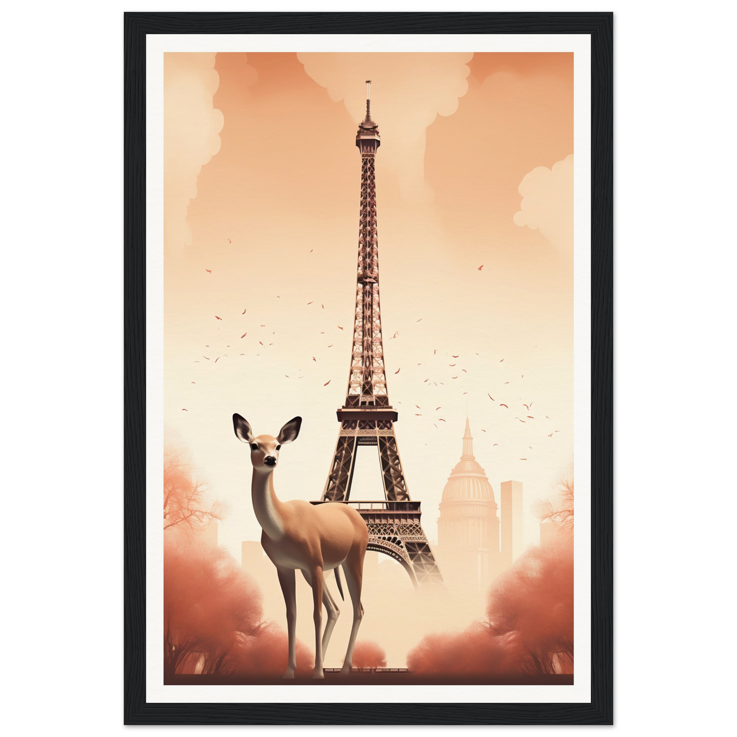 A poster with a deer in front of the eiff tower