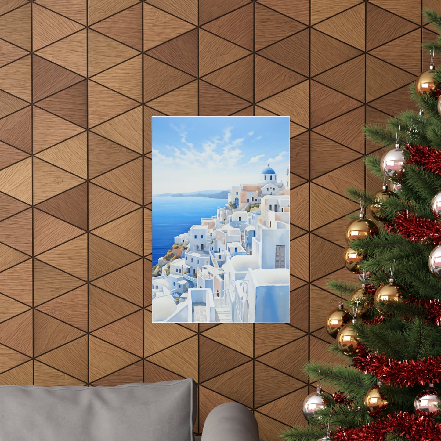 A christmas tree with a picture of a whitewashed house