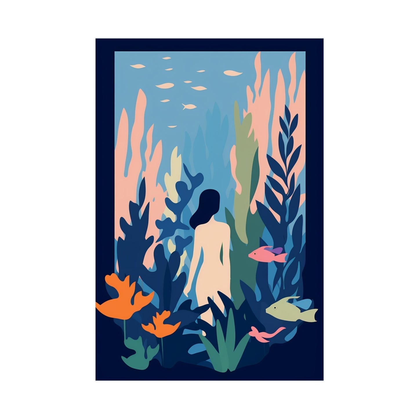 A poster with a woman in the water surrounded by fish
