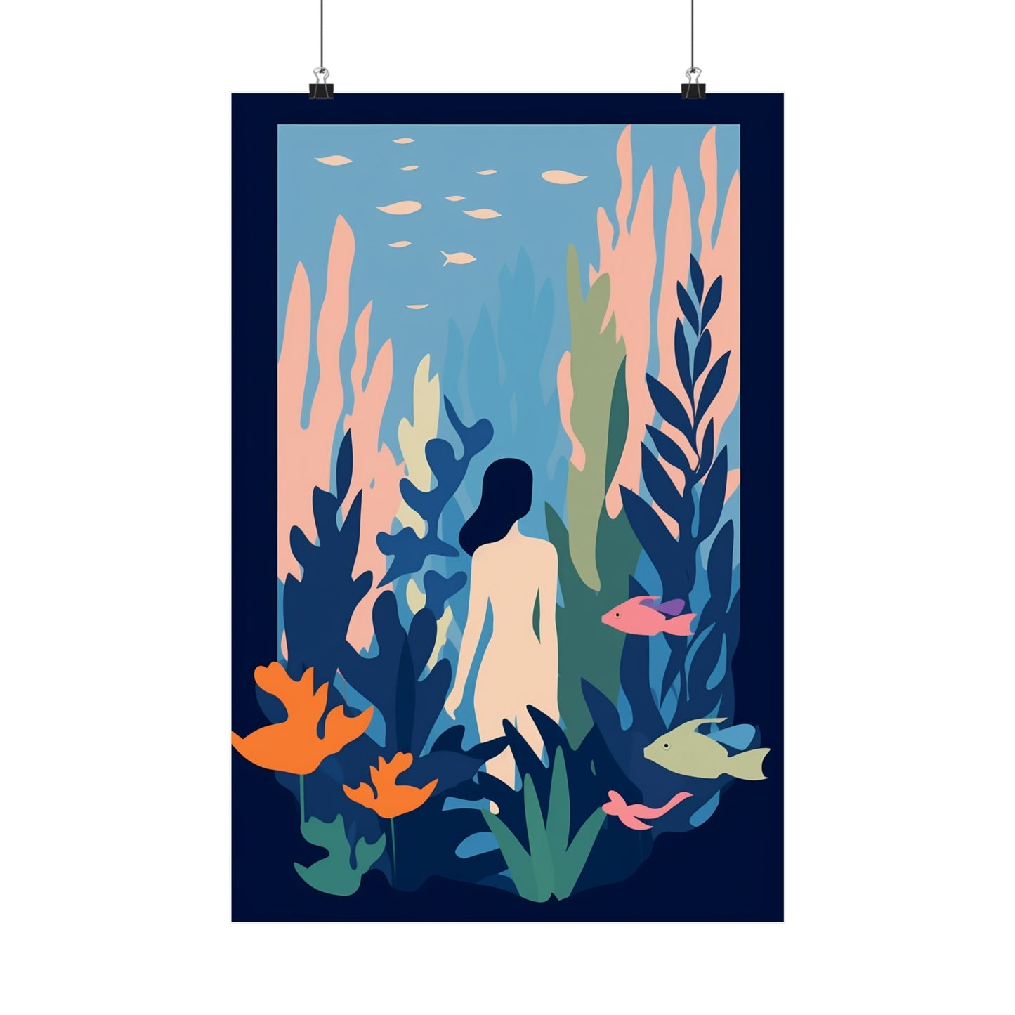 A poster with a woman in the ocean surrounded by fish