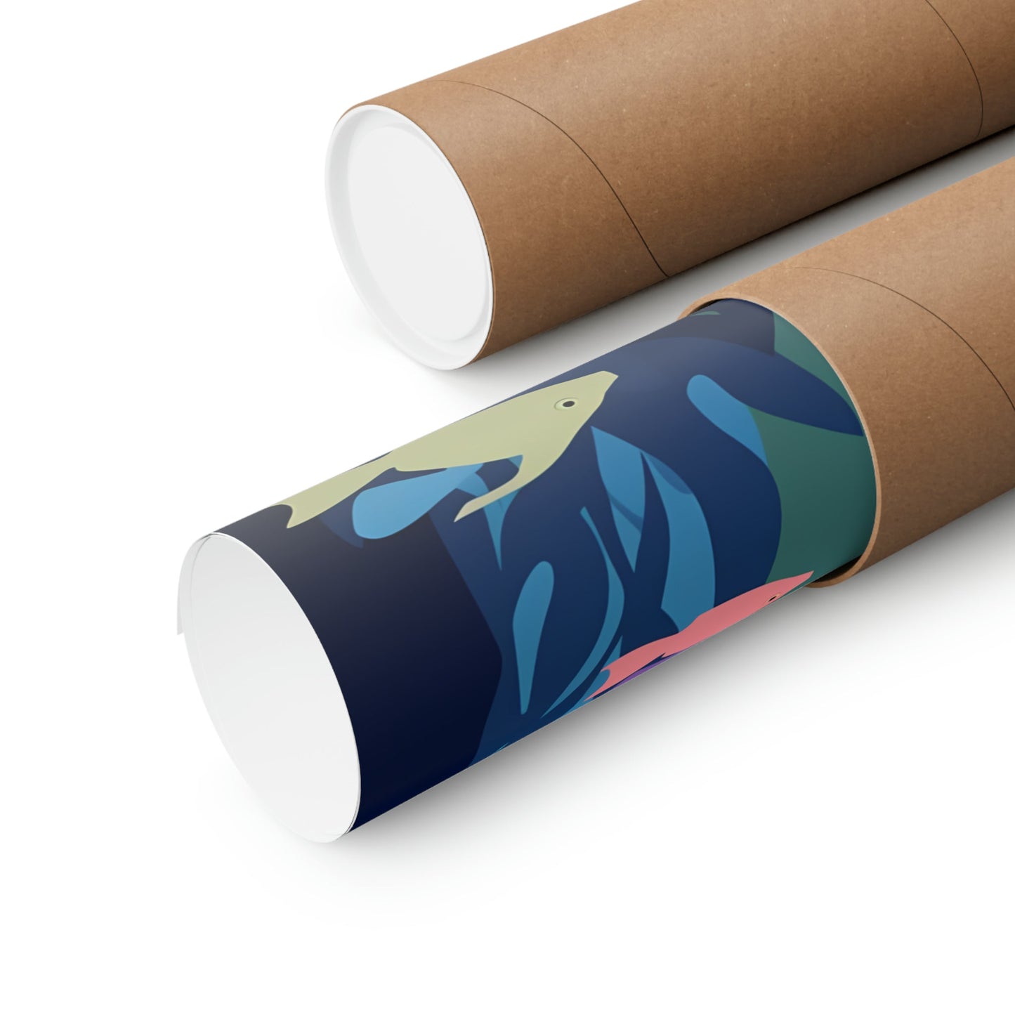 Two rolls of brown paper with a blue and green design