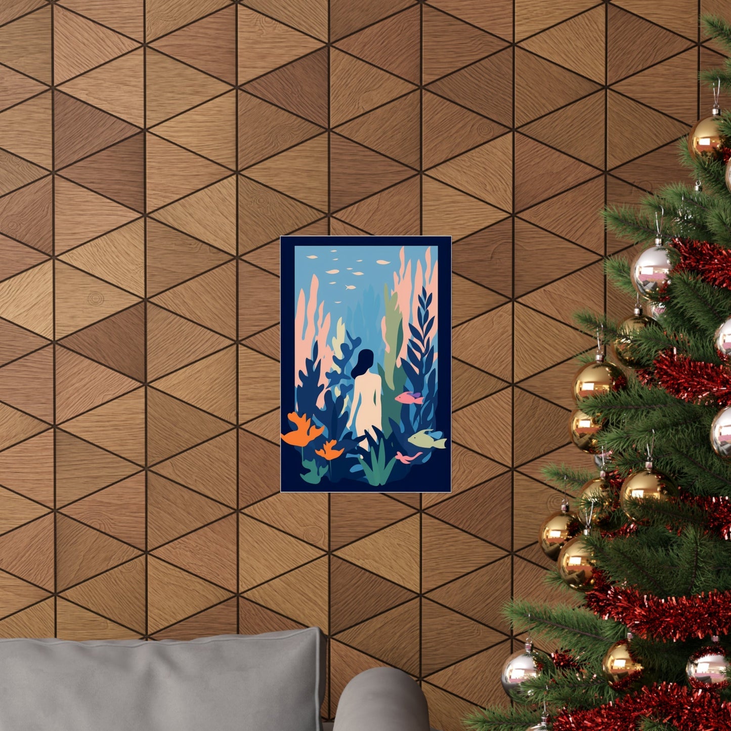 A christmas tree with a picture of a woman in a dress