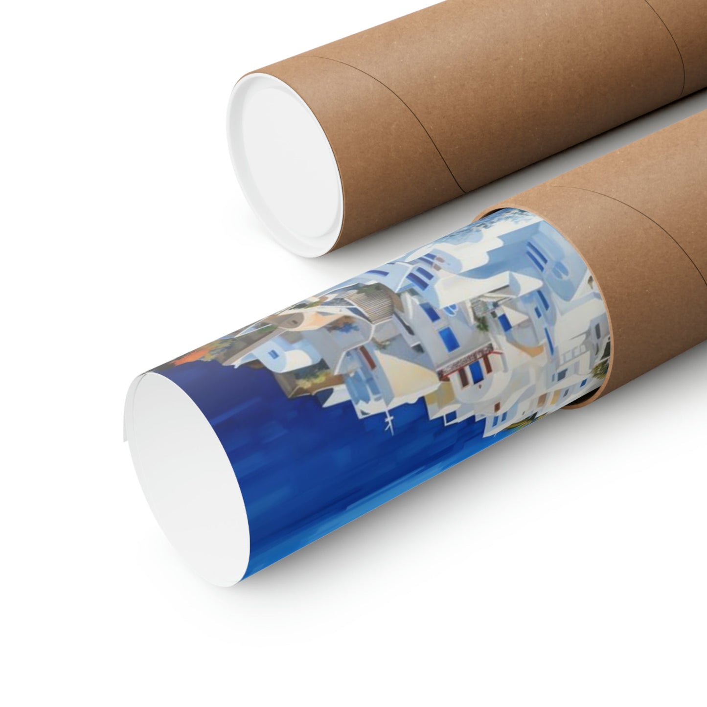 Rolled-up canvas or poster with a colorful cityscape design visible on one tube.
