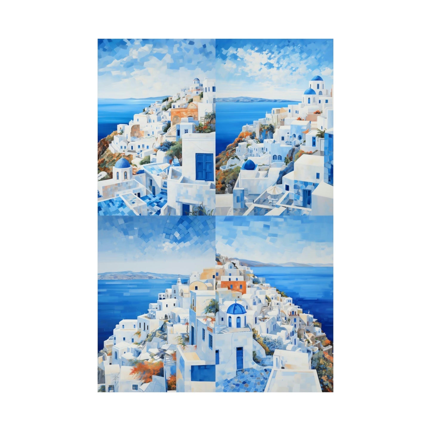 Picturesque coastal town with white buildings and blue domes overlooking the sea, typical of Santorini, Greece.