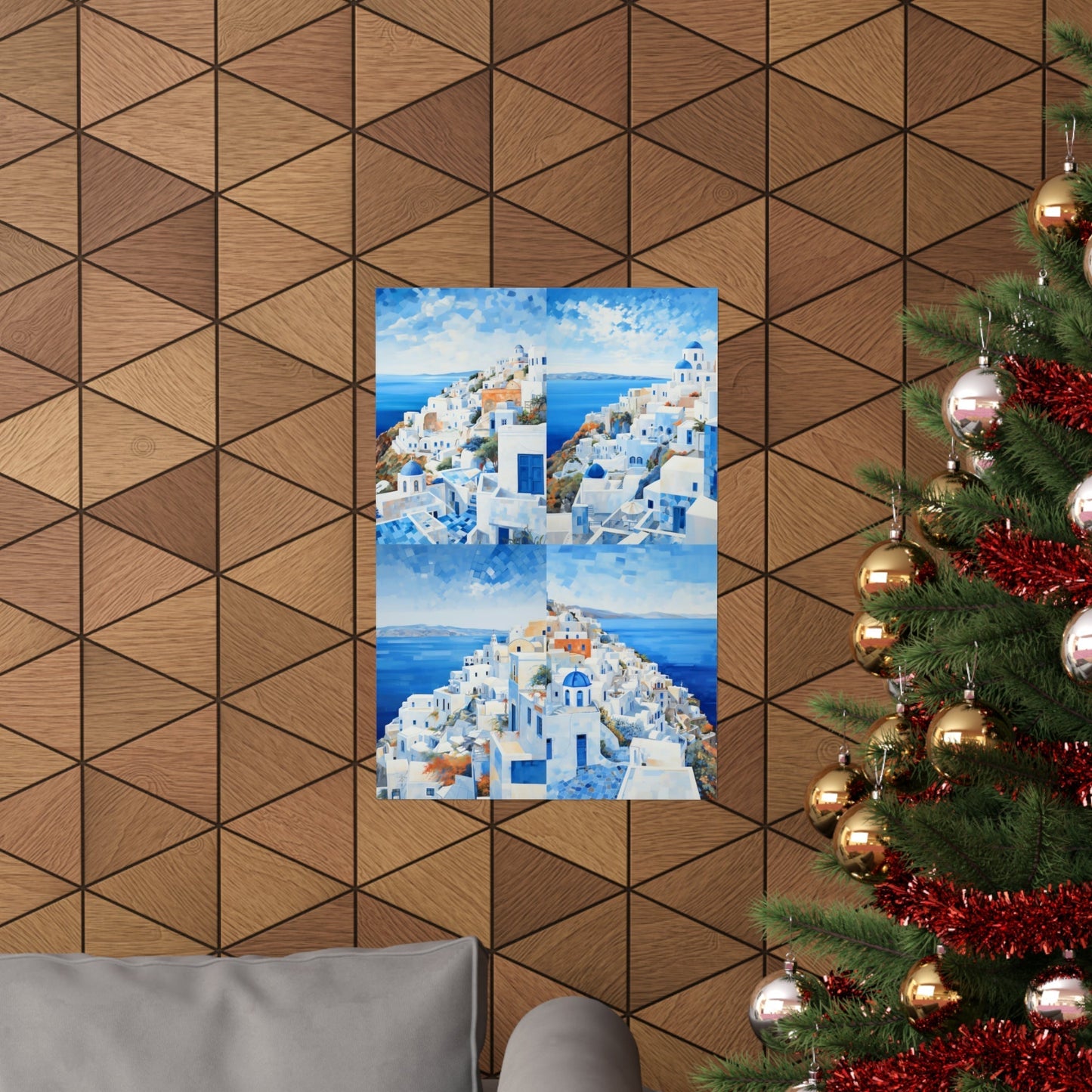 Triptych artwork depicting the white and blue buildings of Santorini, Greece against a bright blue sea and sky.
