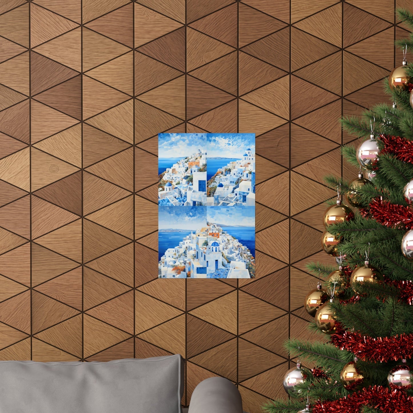 Geometric wooden wall panel with a triangular pattern.