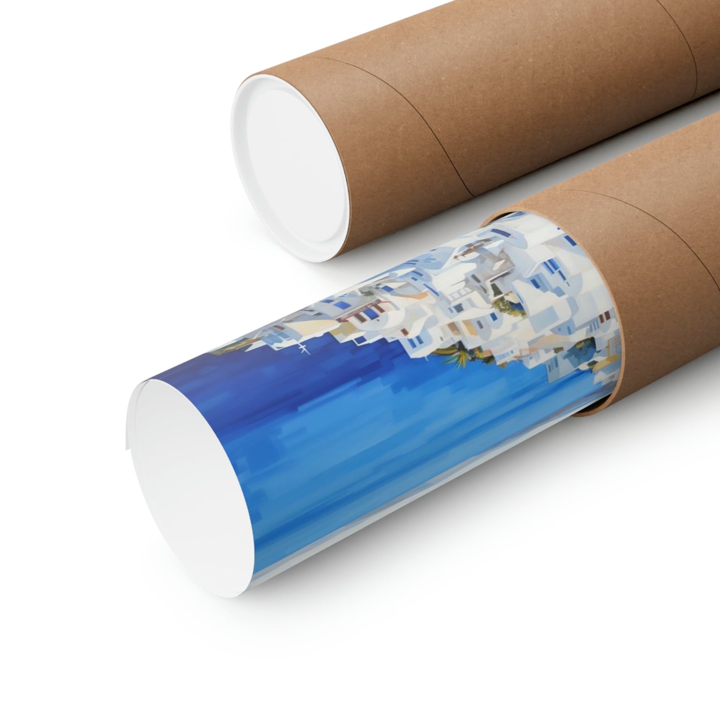 Cardboard tubes or mailing tubes, one with a blue and white printed design.