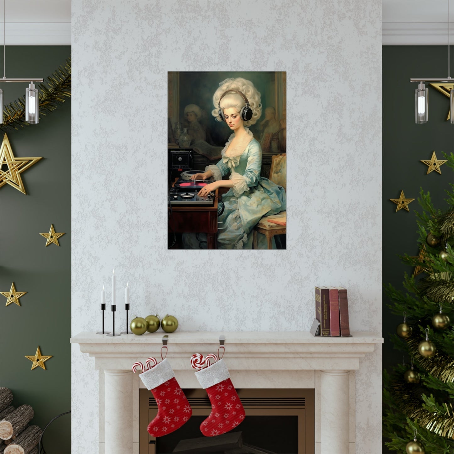 A woman playing the piano in front of a christmas tree