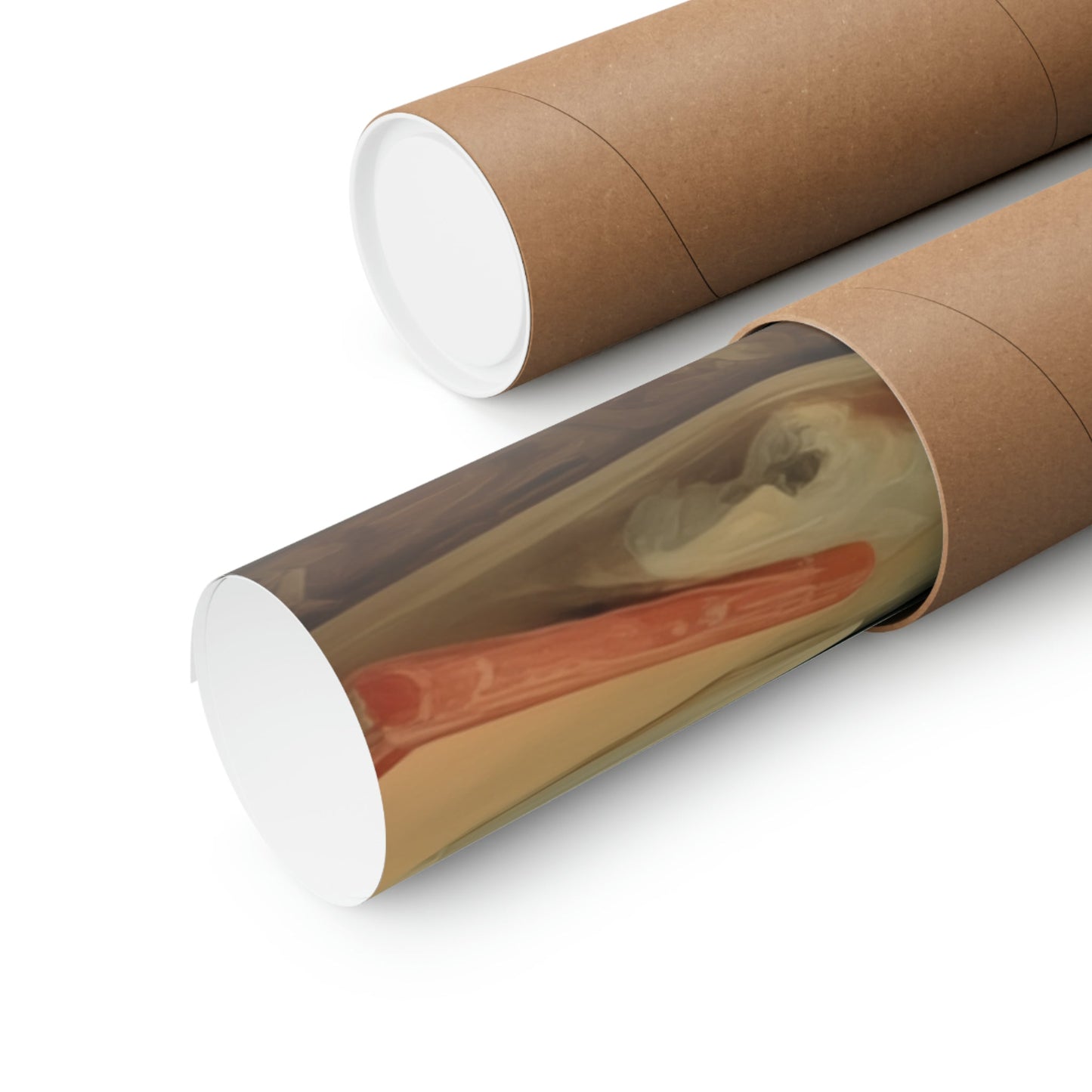Two rolls of brown paper with a brown background