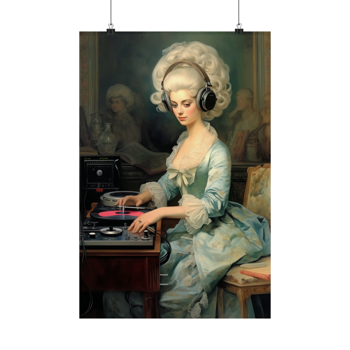 A woman in a blue dress playing the turntable