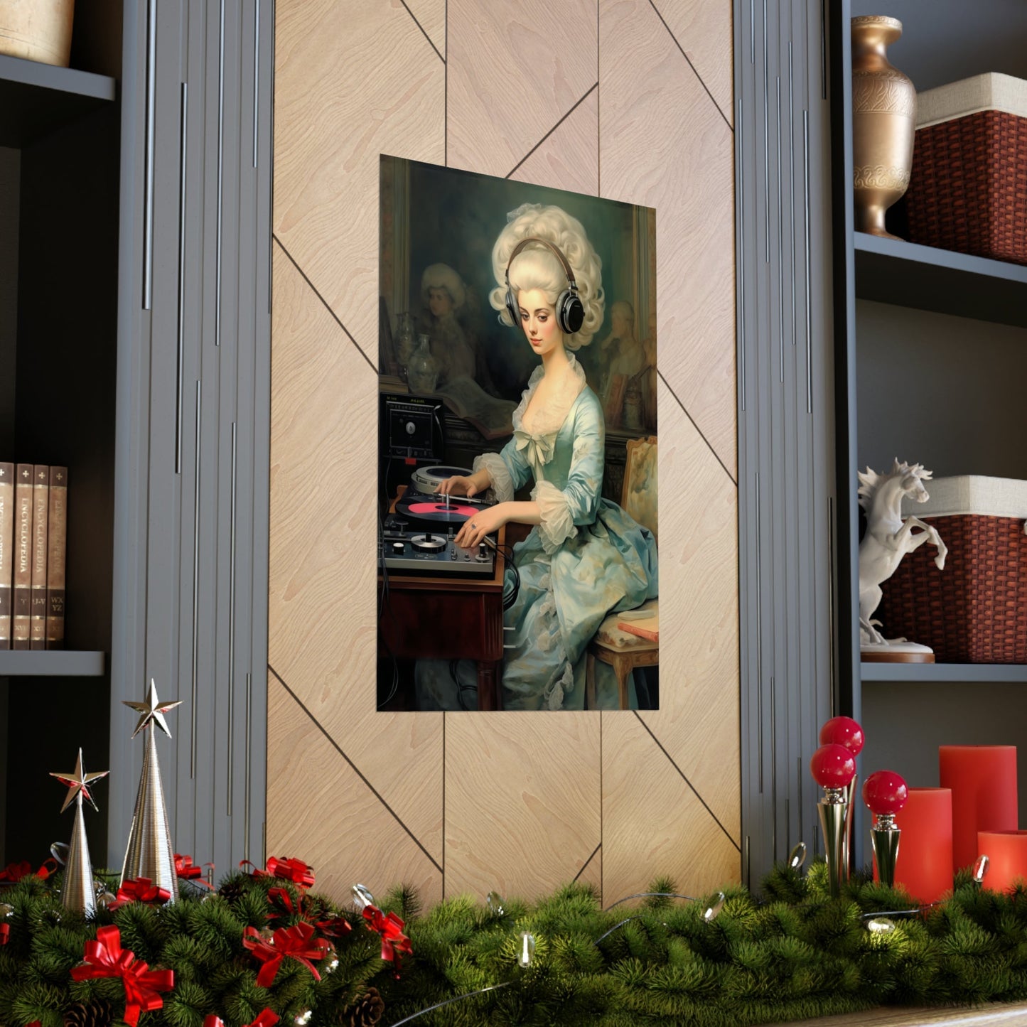 A christmas scene with a woman in a blue dress