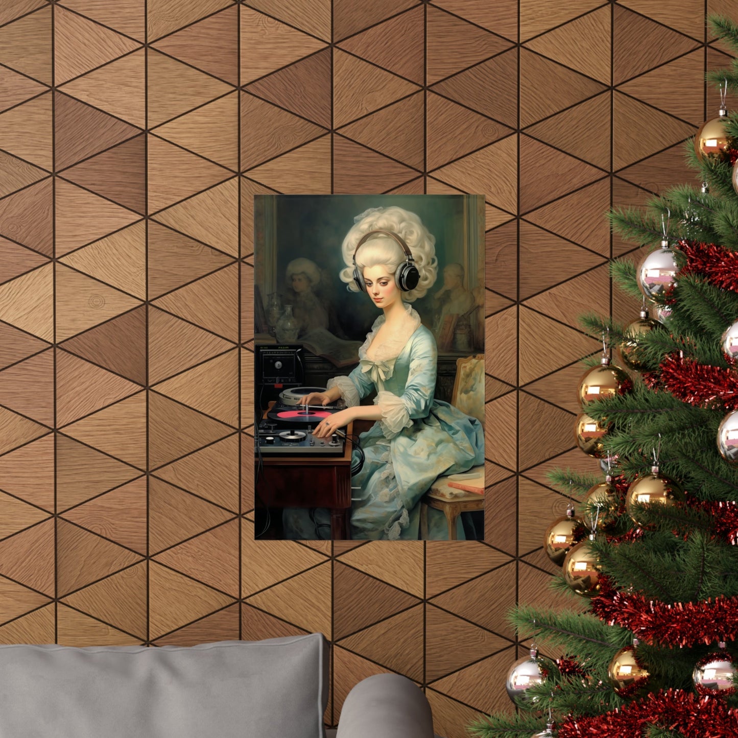 A christmas tree with a picture of a woman playing the piano
