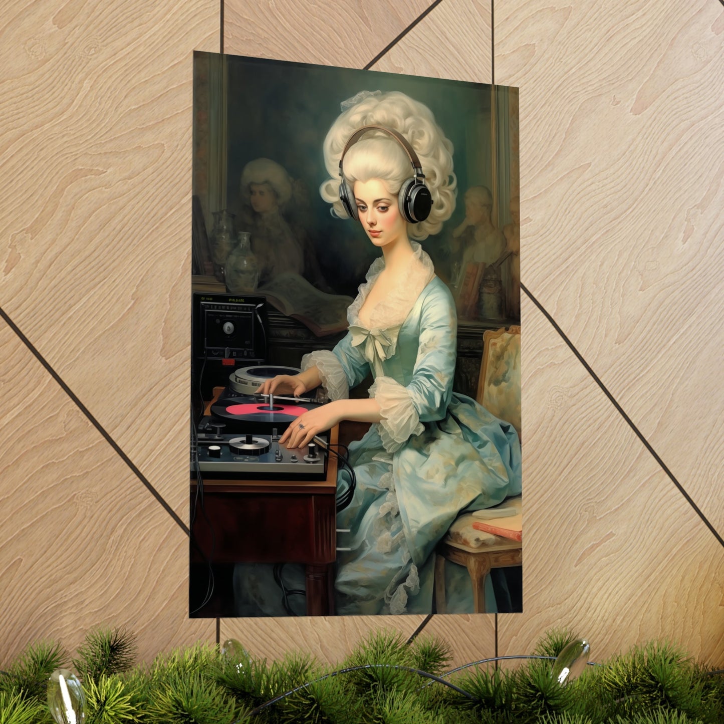 A painting of a woman playing the turntable
