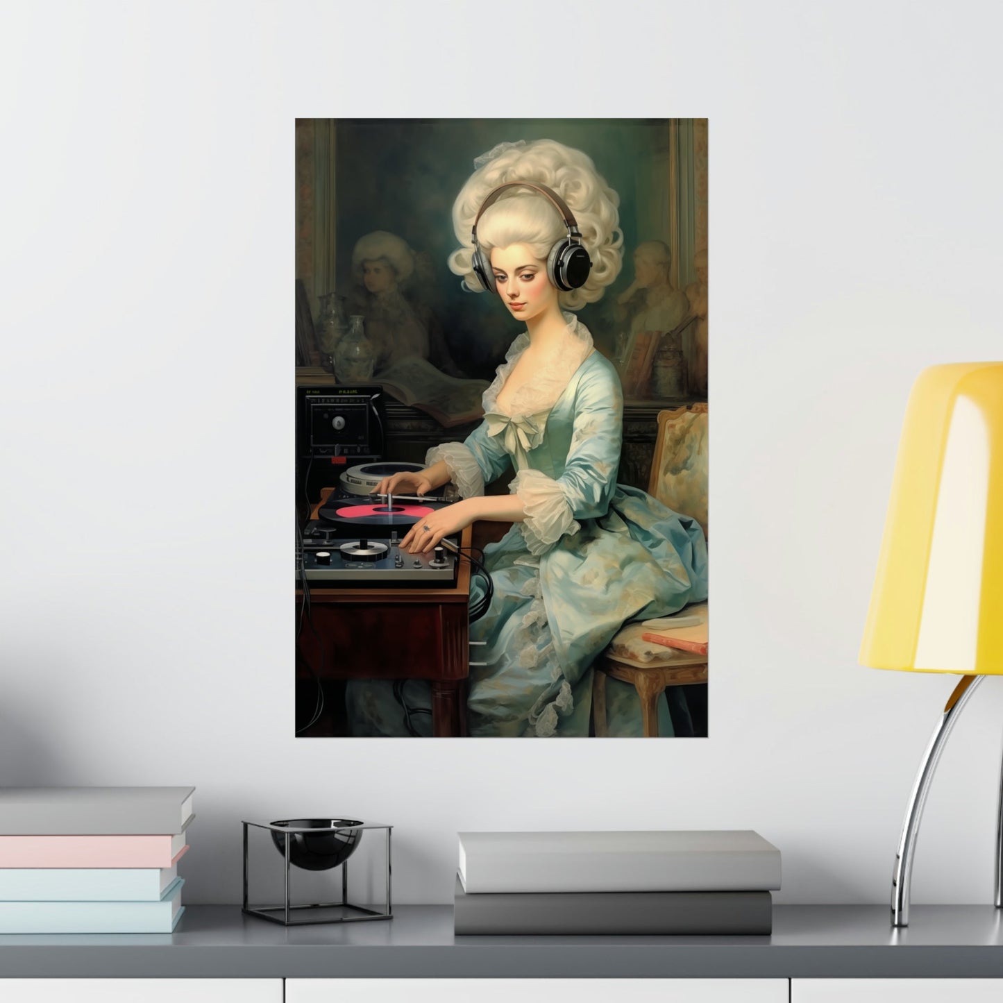A woman in a blue dress playing the piano wall mural