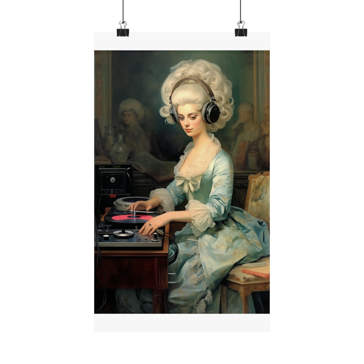 A woman in a blue dress playing the turntable