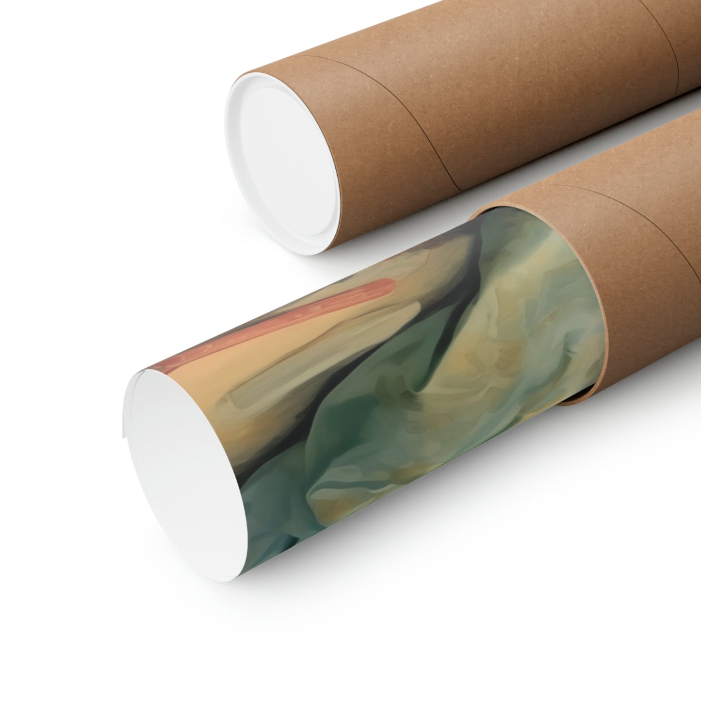 Two rolls of brown paper with a green and yellow painting on them