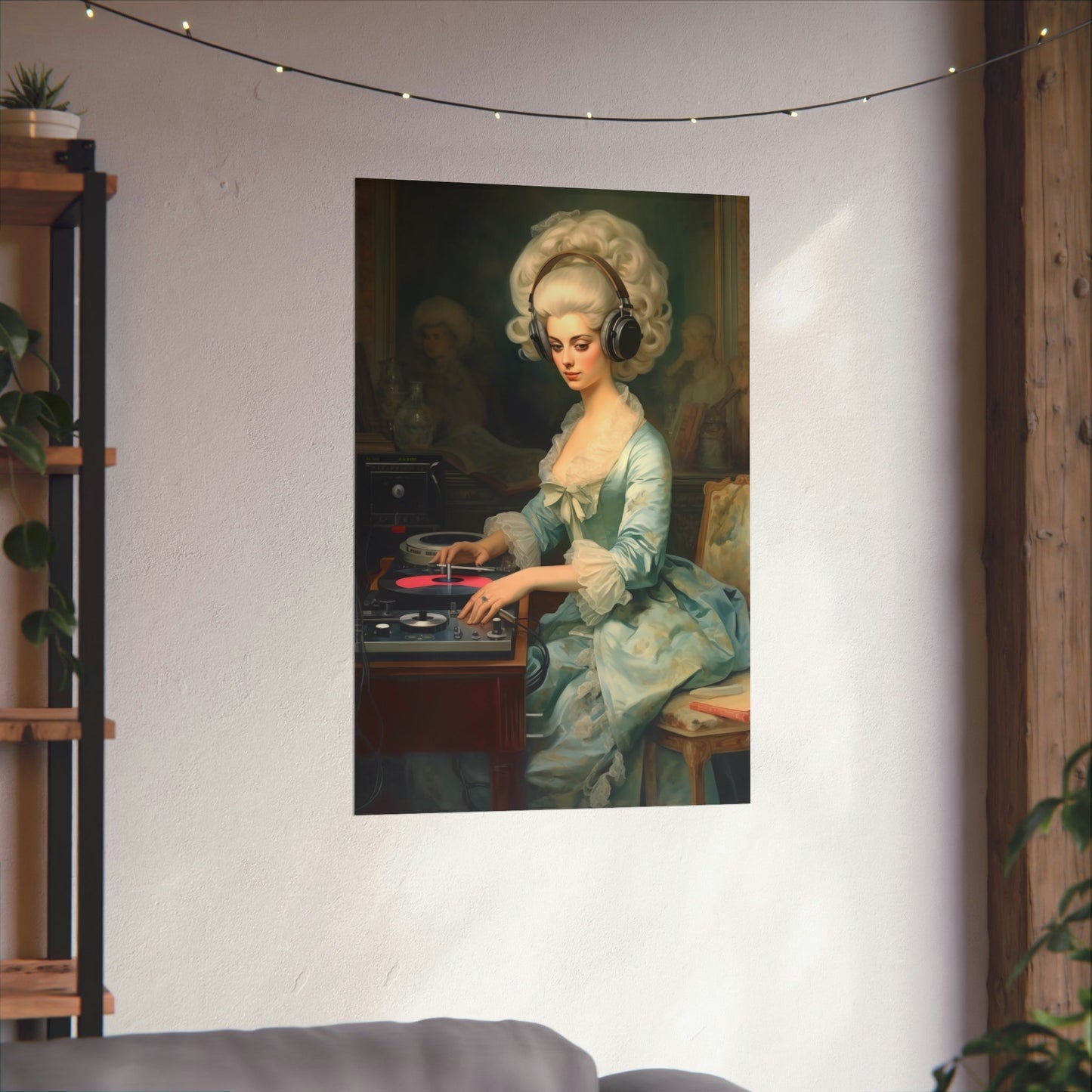 A painting of a woman in a blue dress