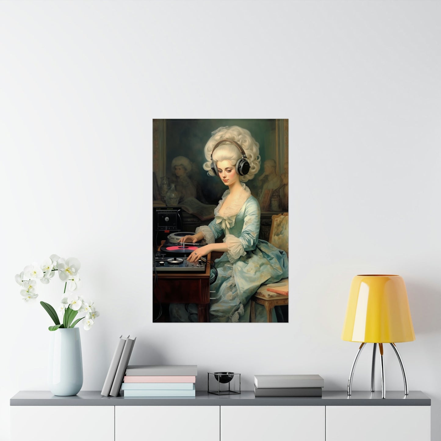 A painting of a woman in a blue dress sitting at a piano