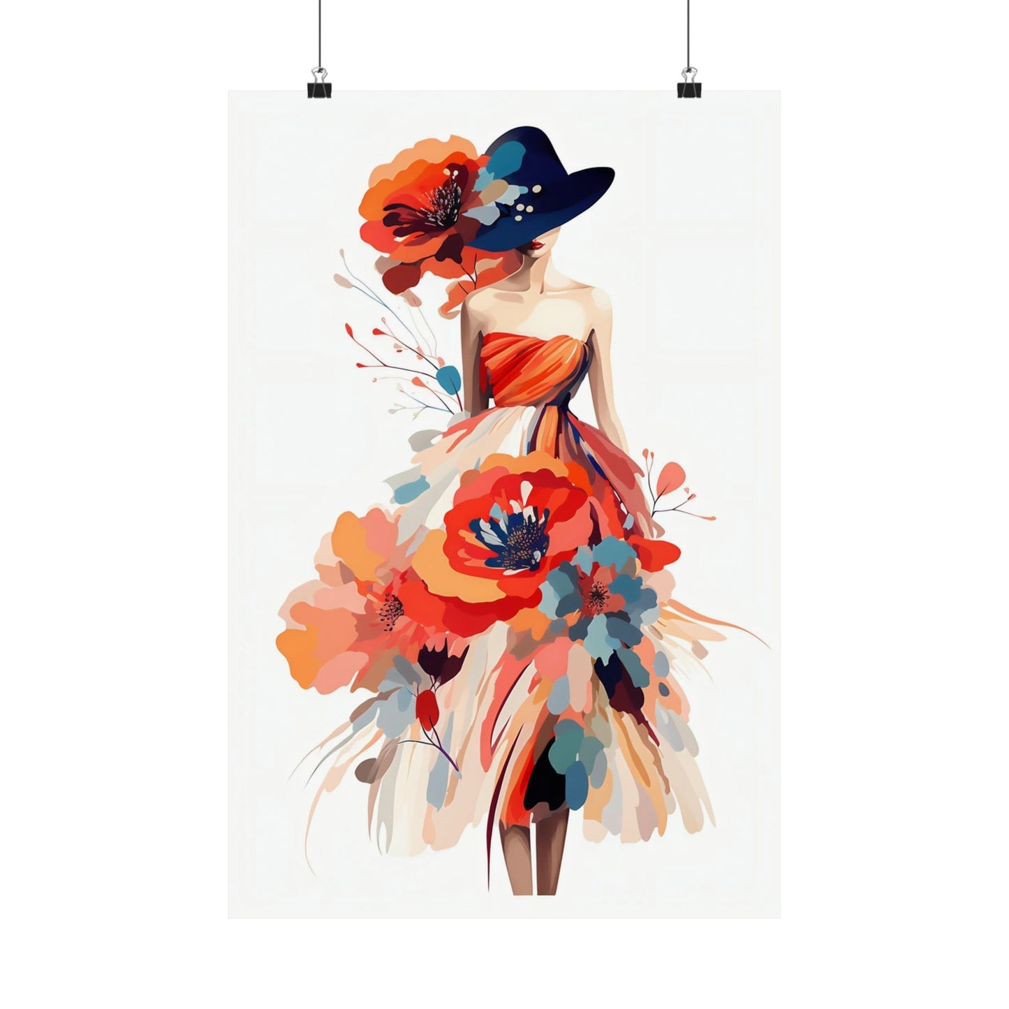 A woman in a dress and hat with flowers on her head