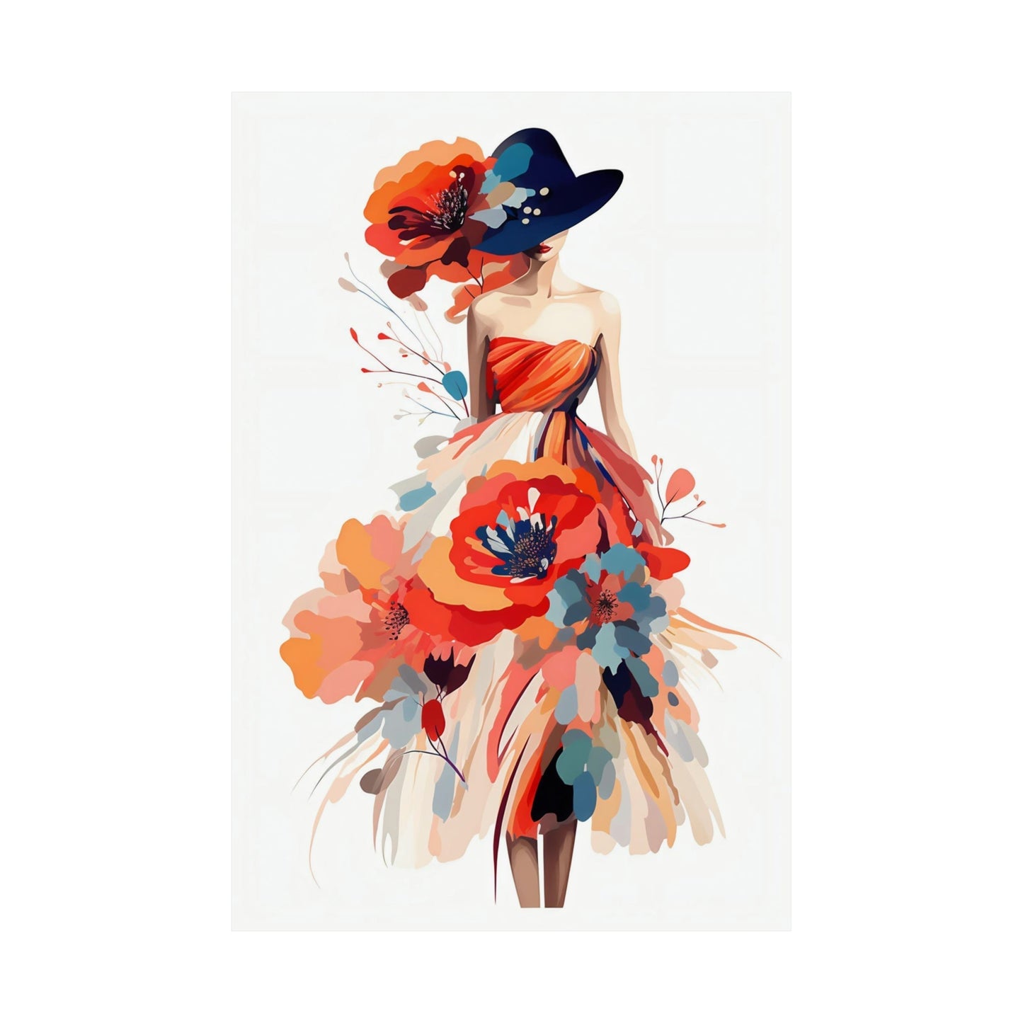 A woman in a dress and hat with flowers