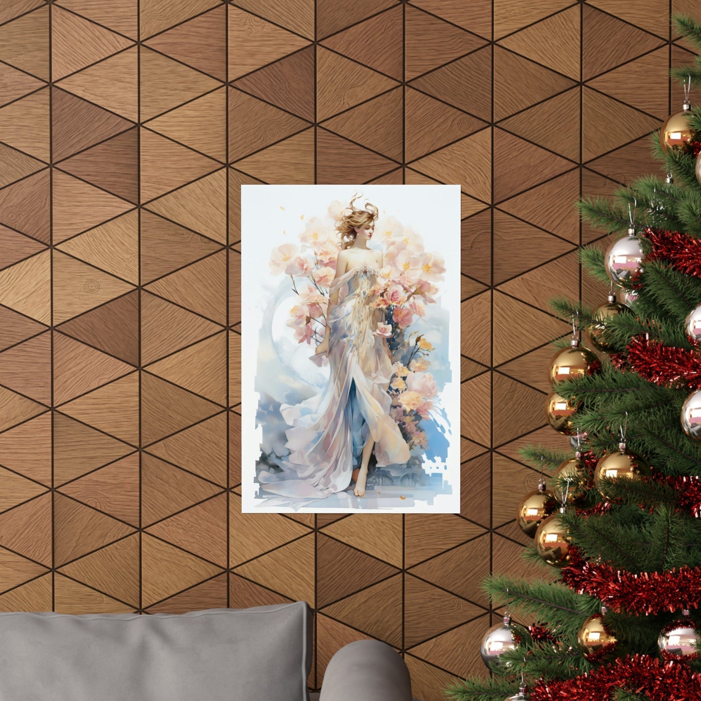 A christmas tree with a painting of a woman in a dress