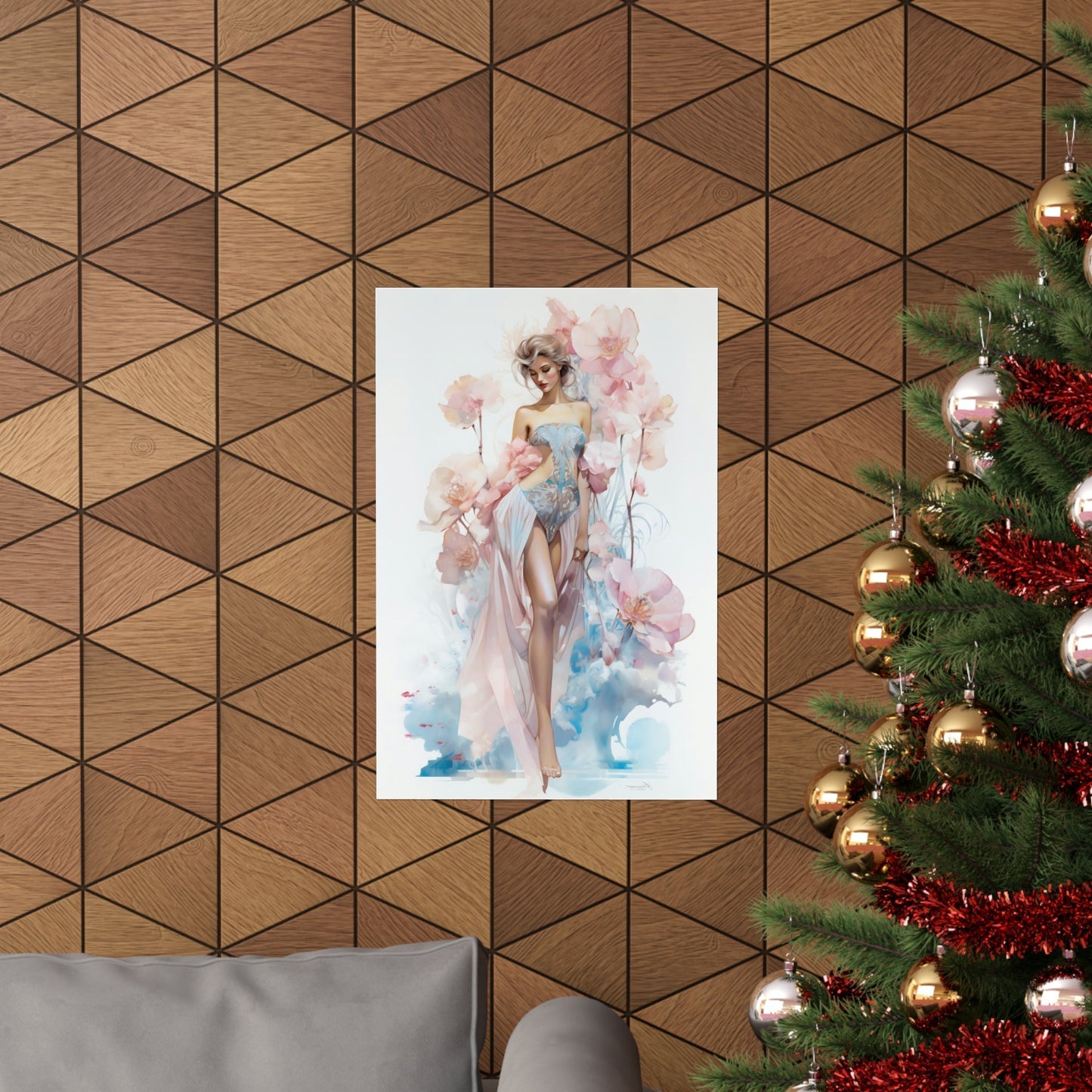 A christmas tree with a painting of a woman in a dress