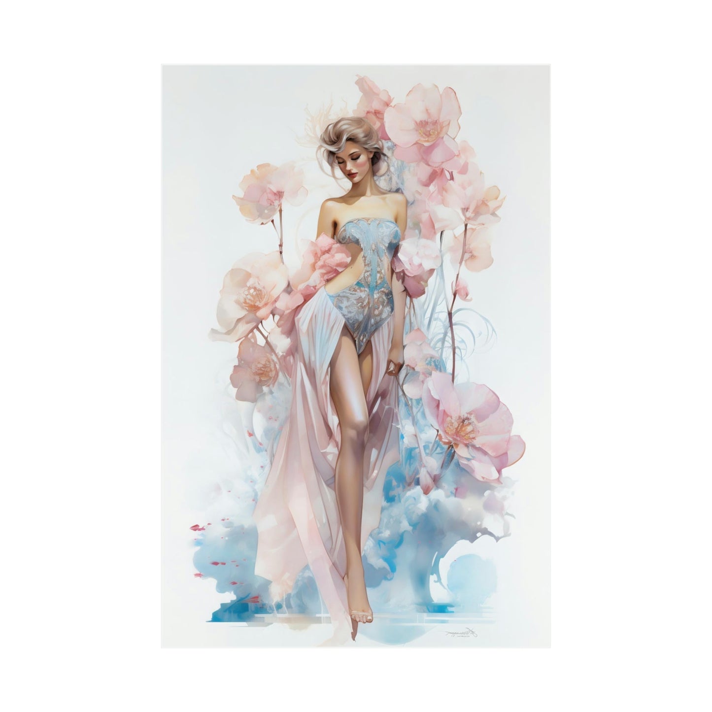 A woman in a blue dress with flowers on her head