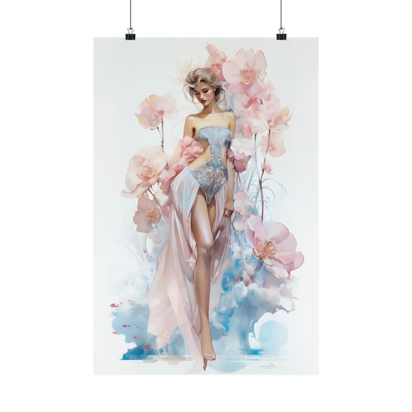 A poster with a woman in a blue dress and flowers
