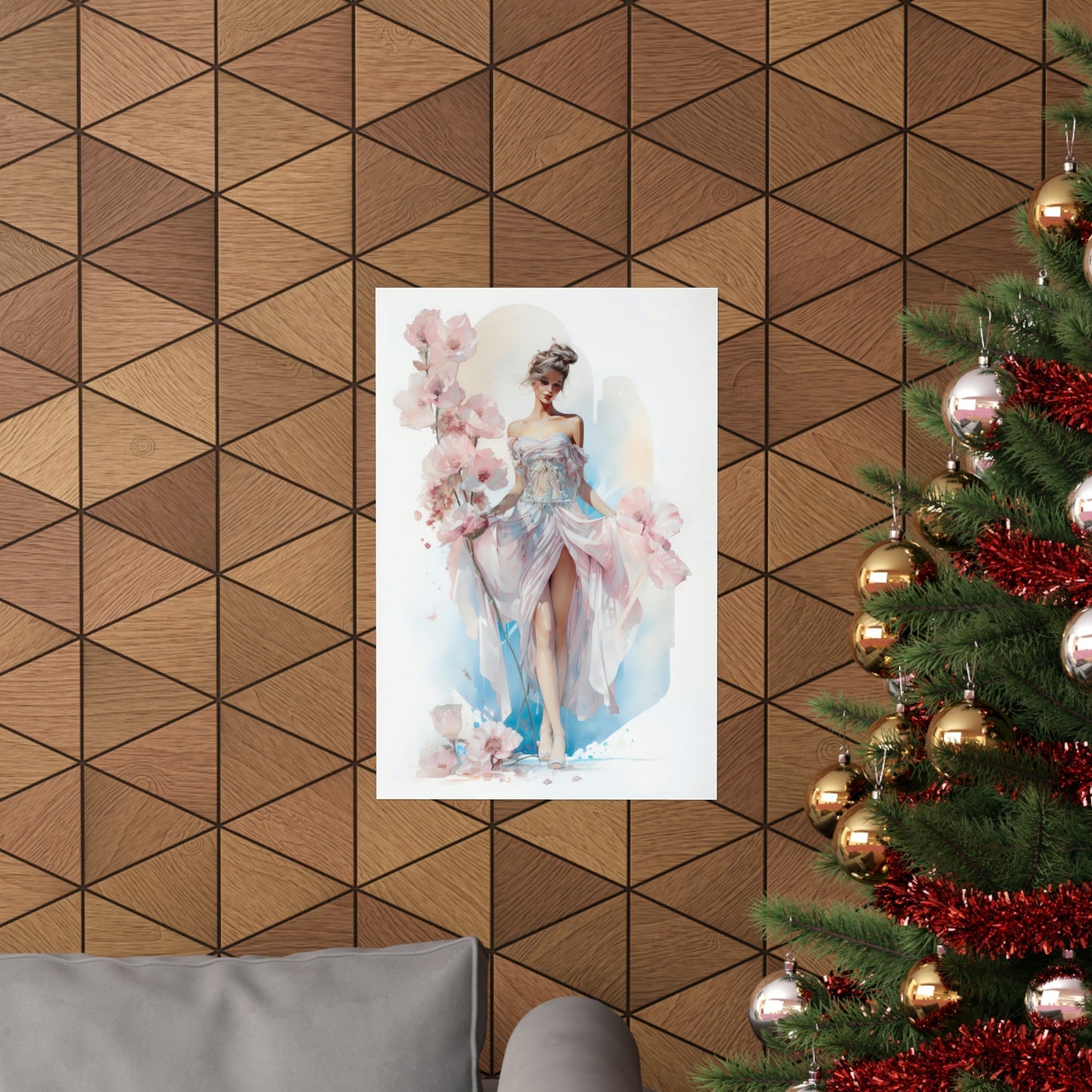 A christmas tree with a painting of a woman in a dress