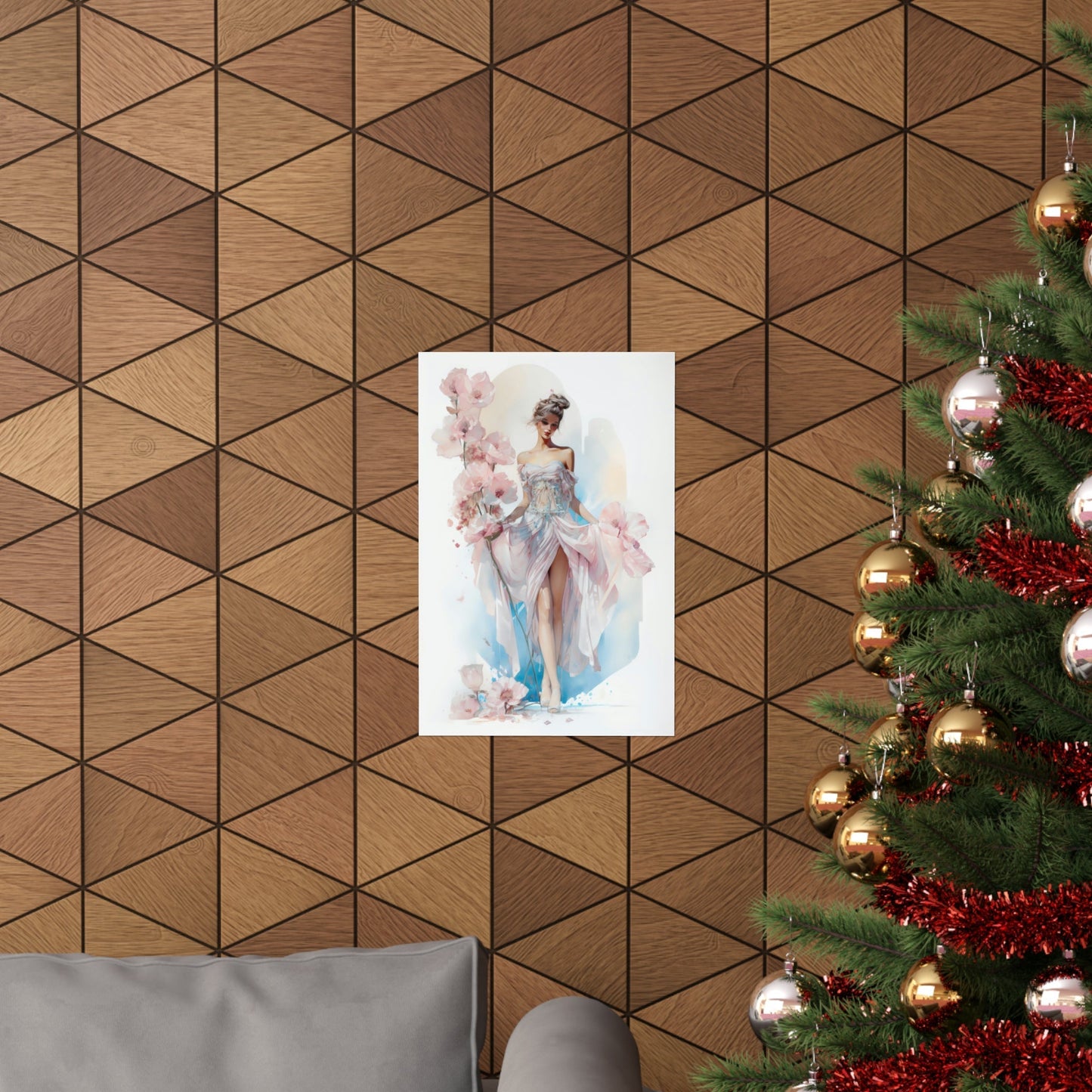 A christmas tree with a picture of a woman in a dress