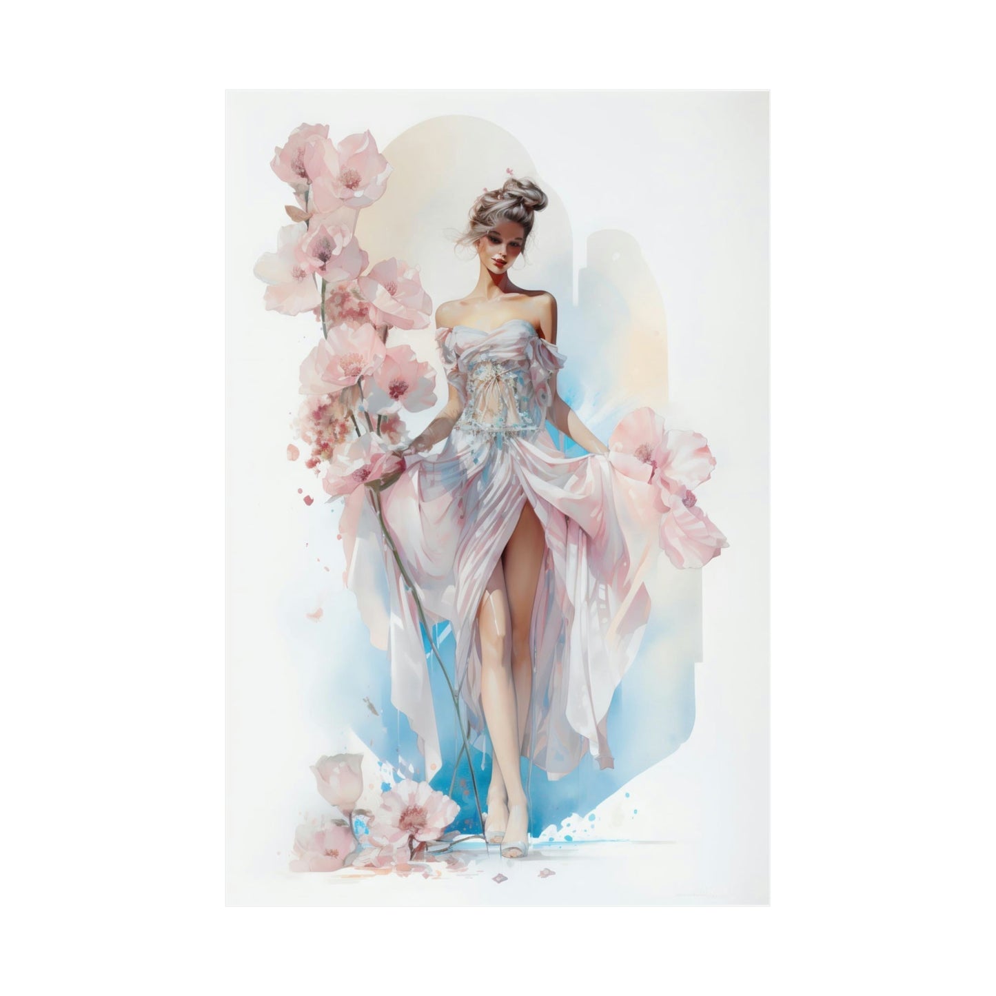 A woman in a dress with flowers on her head